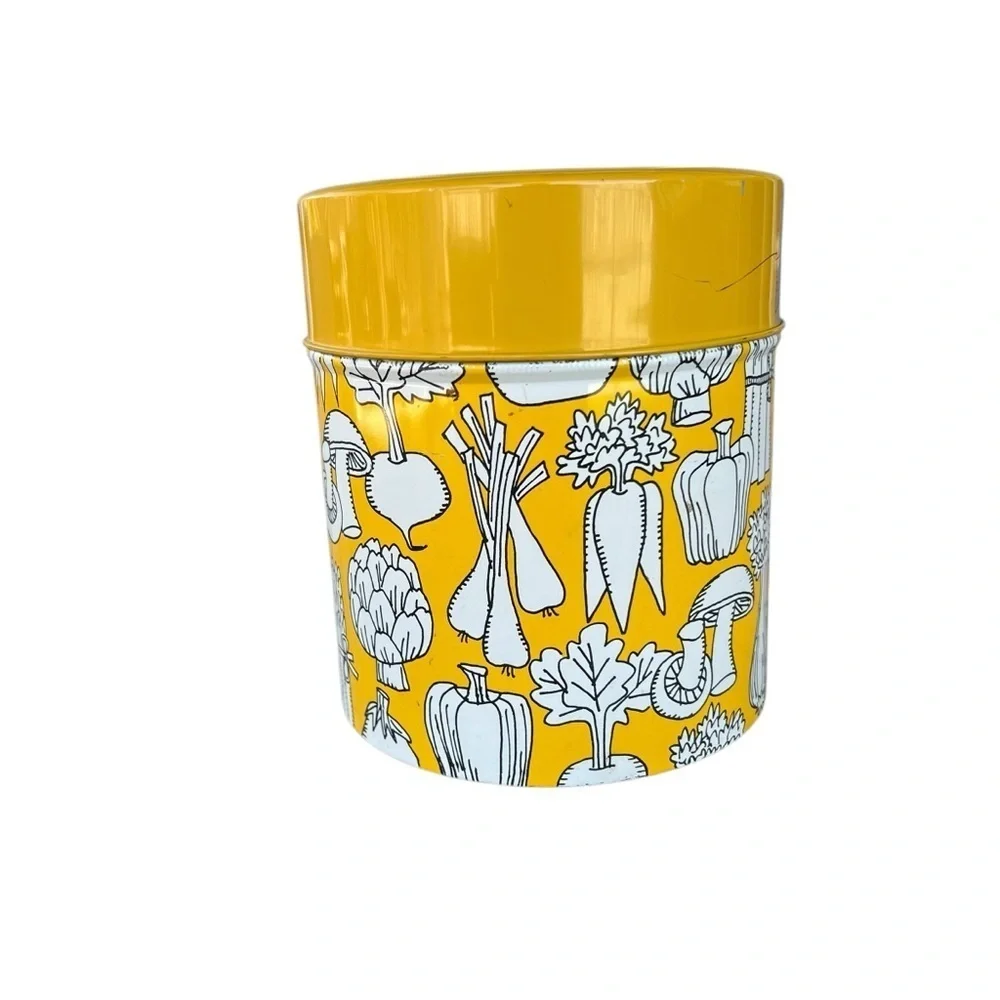 Vintage Vegetable Yellow Tin Canister OMC Japan Mushrooms Asparagus Carrots